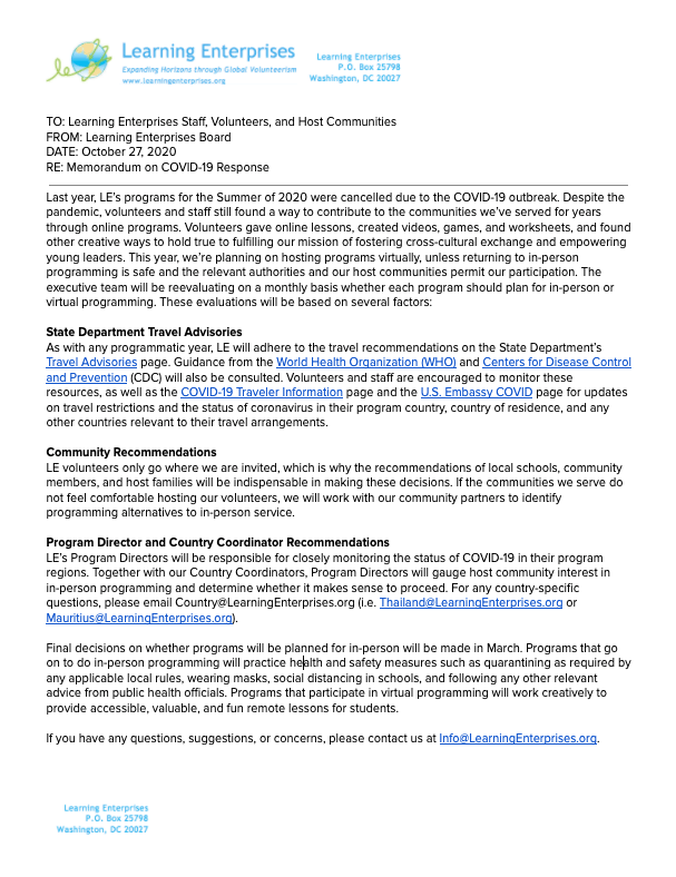 COVID-19 Memo
